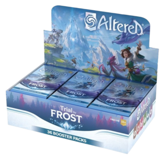 "Altered TCG: Trial by Frost Booster Box featuring vibrant artwork of fantasy characters and game cards."
